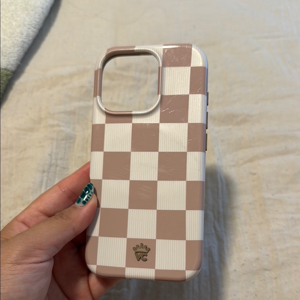 iPhone 16 Pro Velvet Caviar Checkered Phone Case - Brown and White